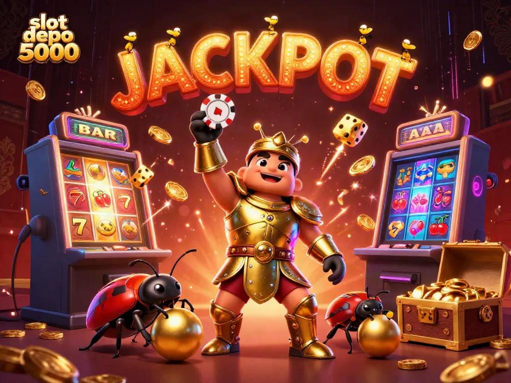 Experience excitement with slot depo 5000 in this vibrant illustration featuring a hero beetle and casino symbols.