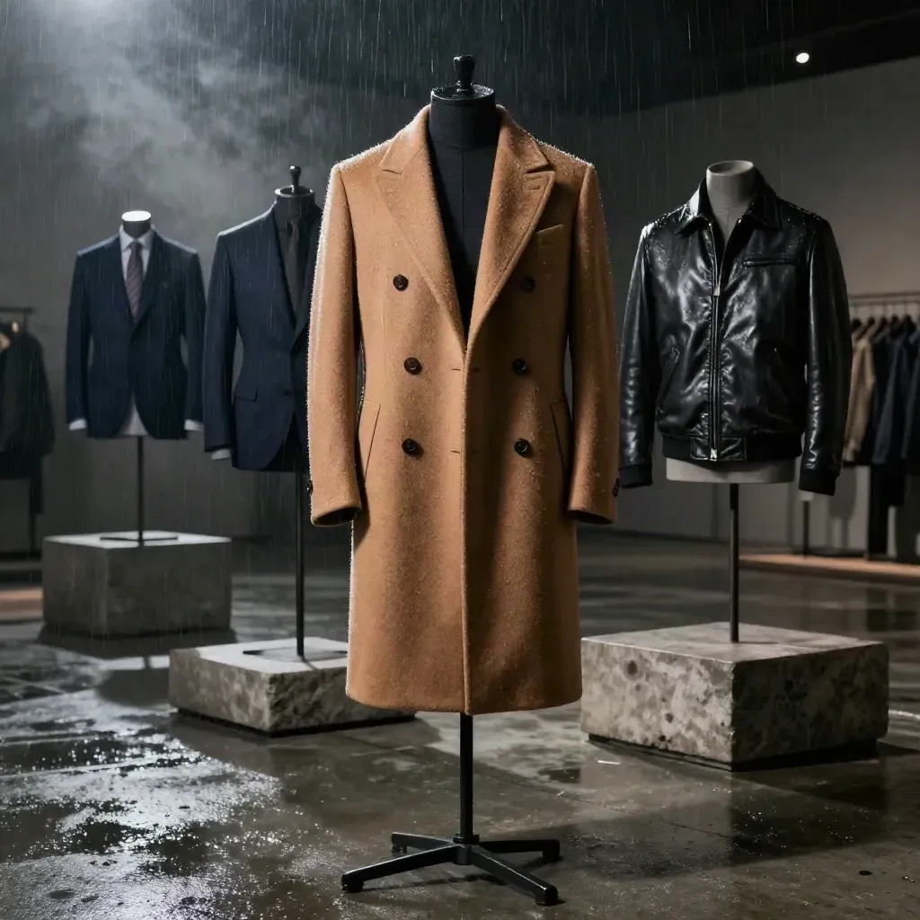 Cappotto cammello con blazer, giacca in pelle e bomber su piedistalli, atmosfera dopo la pioggia.