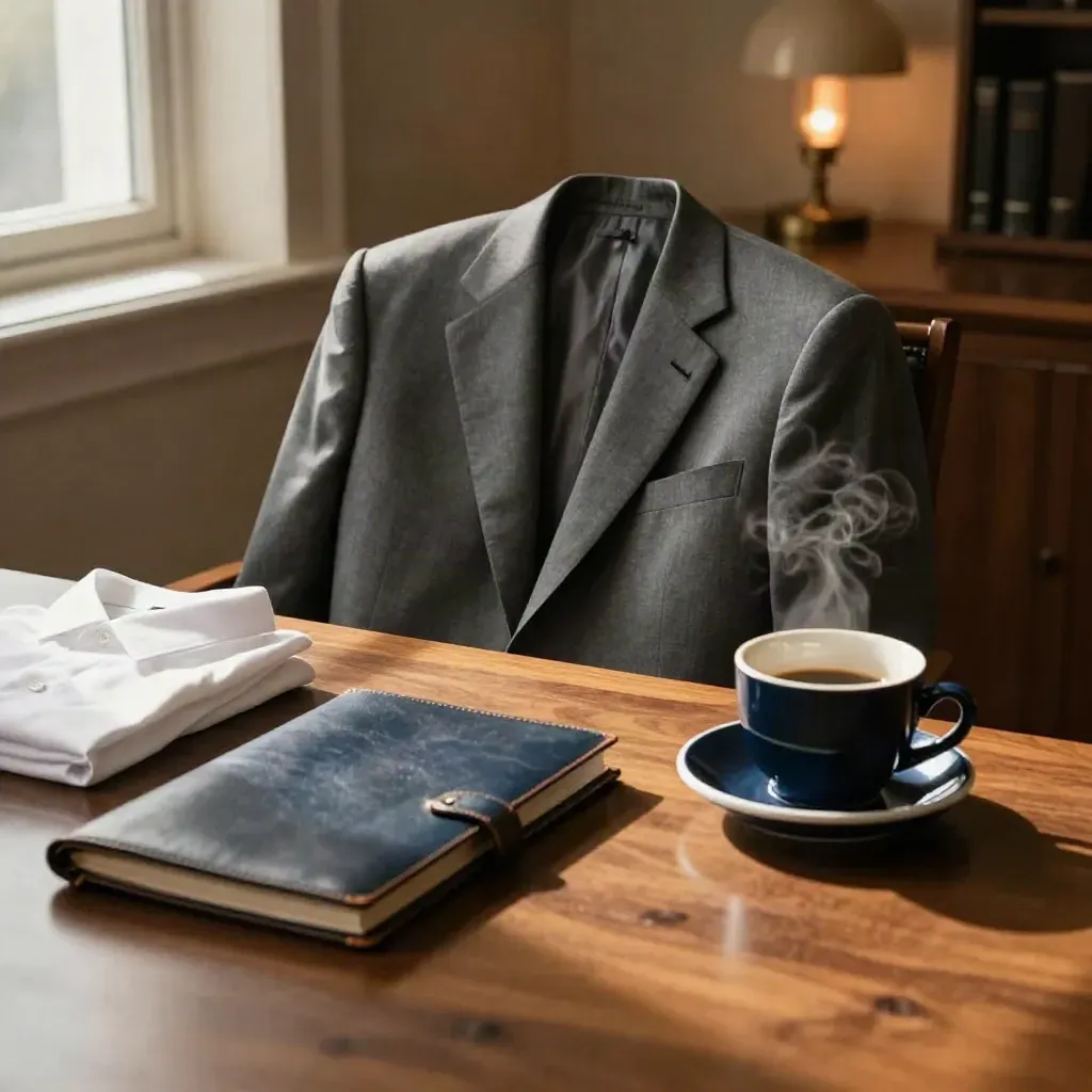 Blazer grigio fumo su sedia, camicia piegata, tazza e portadocumenti in un angolo ufficio caldo.