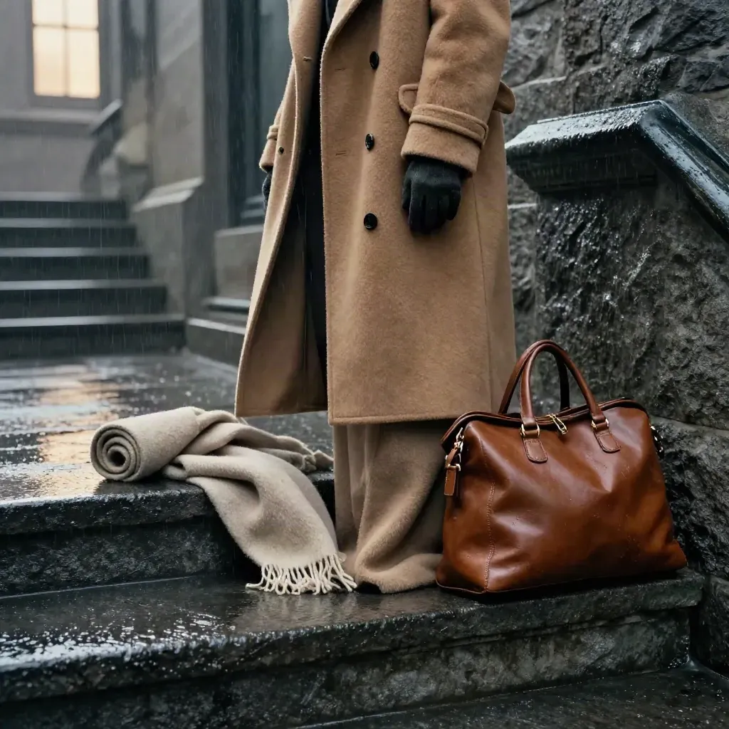 Cappotto cammello su scala di pietra bagnata, con guanti e borsa in cuoio