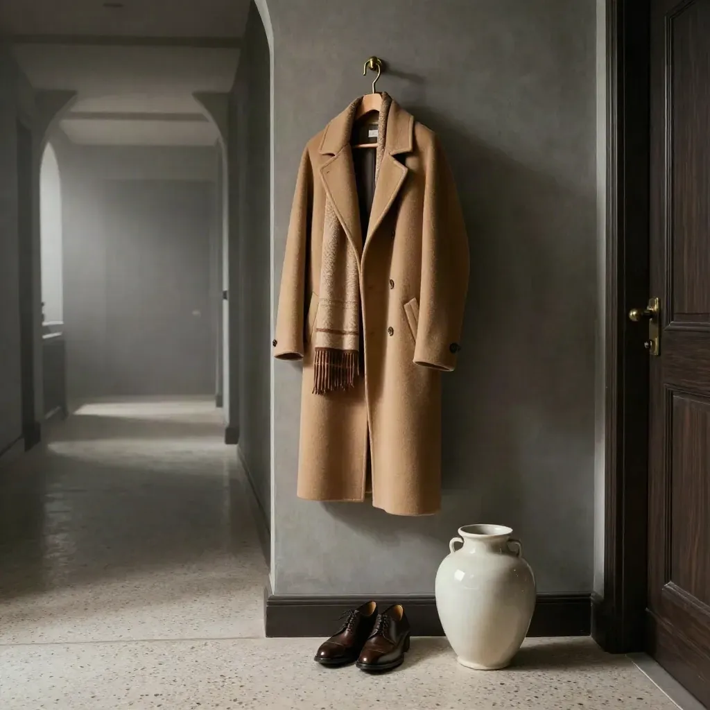 Cappotto sabbia in corridoio d'albergo con sciarpa, scarpe in pelle e vaso in ceramica.
