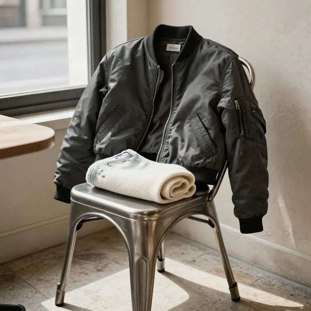 Bomber corto antracite su sedia bistrot, jeans chiari e maglia arrotolata in luce invernale.