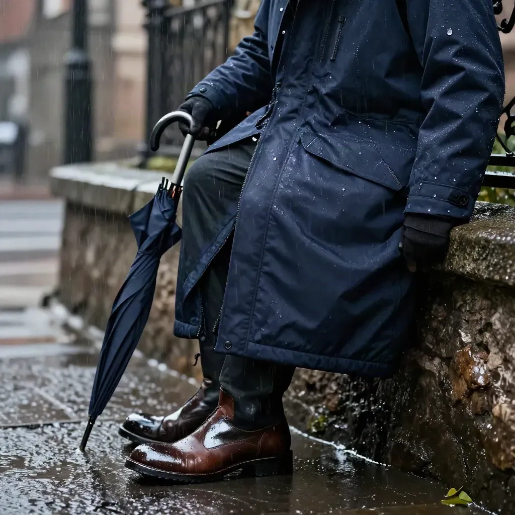 Parka blu navy bagnato dalla pioggia, accanto a un parapetto di pietra, con ombrello chiuso e stivali.