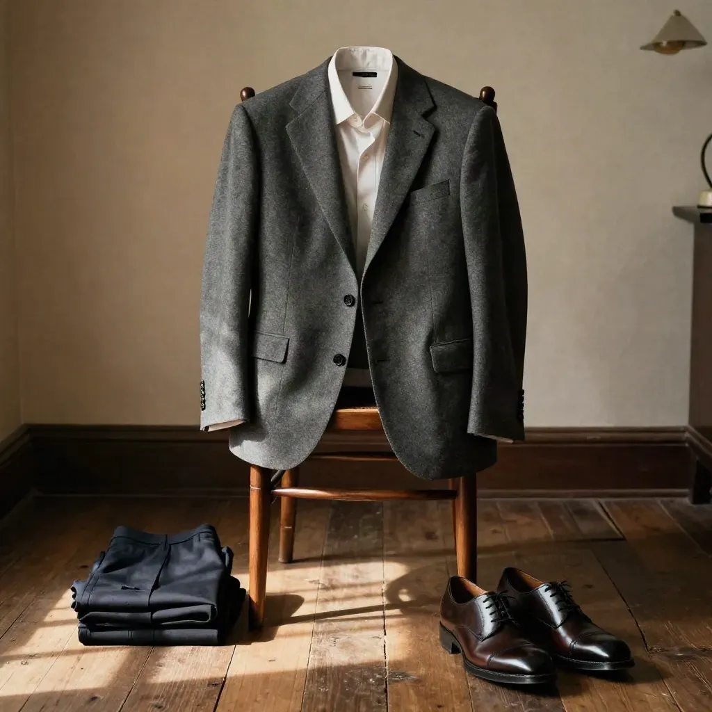 Blazer grigio su sedia in noce con pantaloni scuri e scarpe in pelle, luce calda di fine giornata.