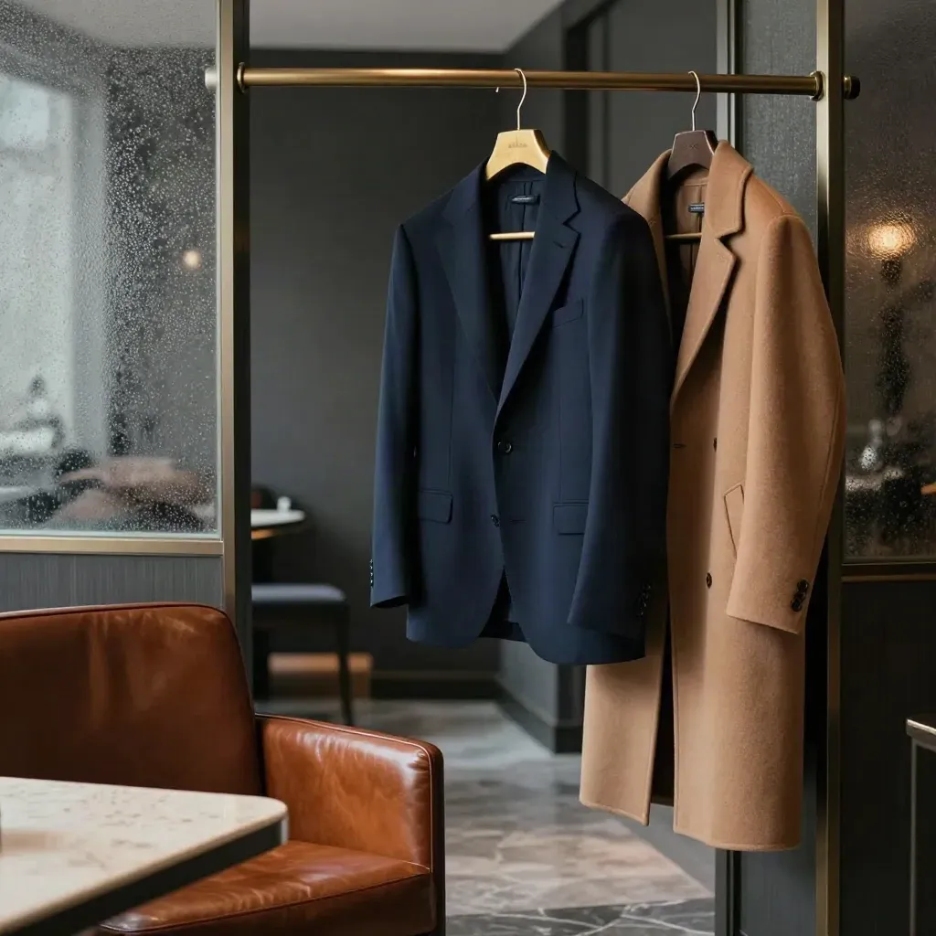 Blazer blu scuro su appendiabiti in foyer d’hotel con cappotto piegato e sedia in pelle