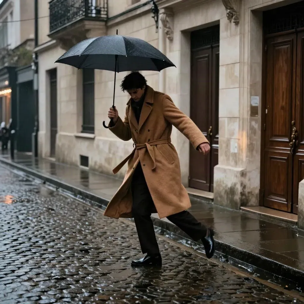 Cappotto cammello e ombrello chiuso su strada bagnata al crepuscolo, facciate chiare.