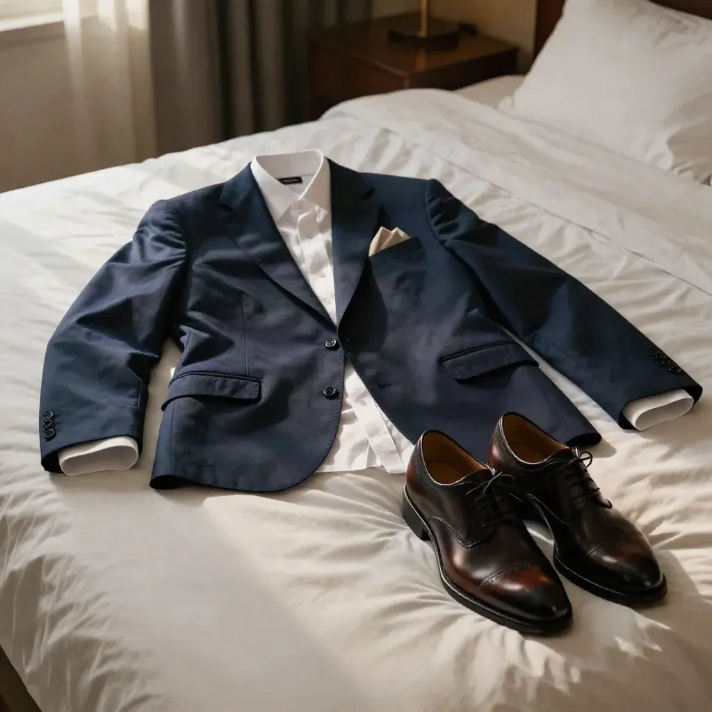 Blazer blu navy, camicia bianca e scarpe in pelle su letto d’hotel, luce mattutina morbida.