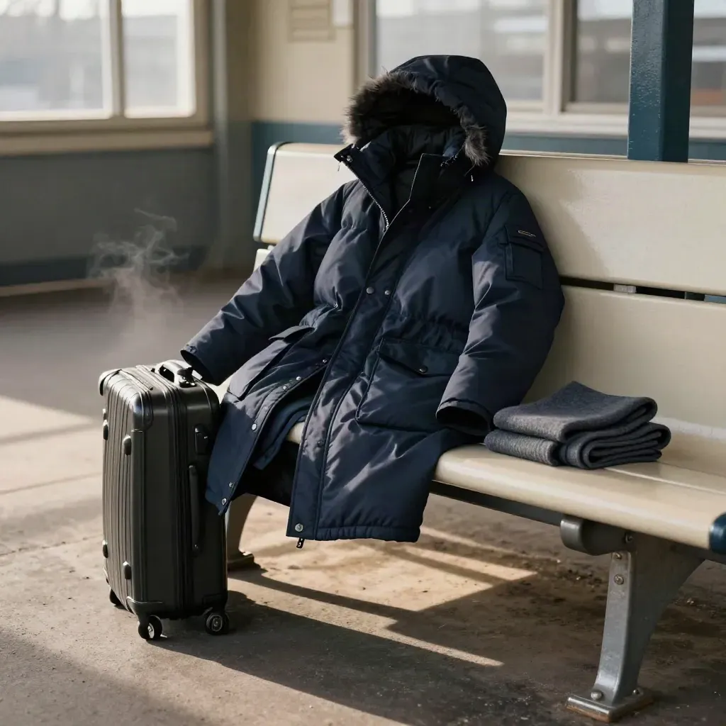 Parca invernale blu navy accanto a panca di stazione, valigia e sciarpa piegata, luce calda sul pavimento
