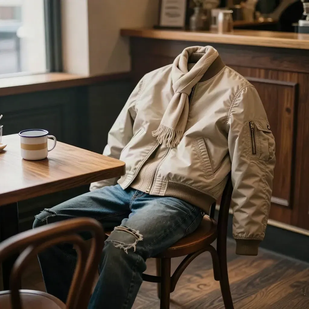 Bomber cammello e jeans su una sedia in un caffè tranquillo