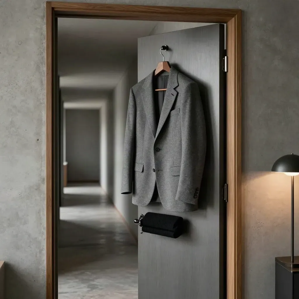 Blazer grigio medio in corridoio d’hotel con porta socchiusa, maglia nera e scarpe in pelle.