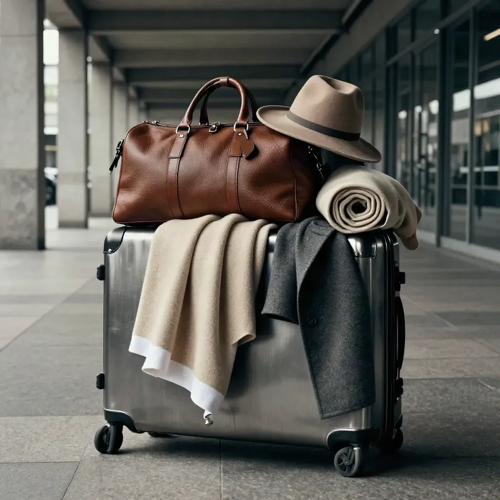 Cappotti da viaggio su portavaligie con borsa morbida, sciarpa e cappello in una stazione velata.