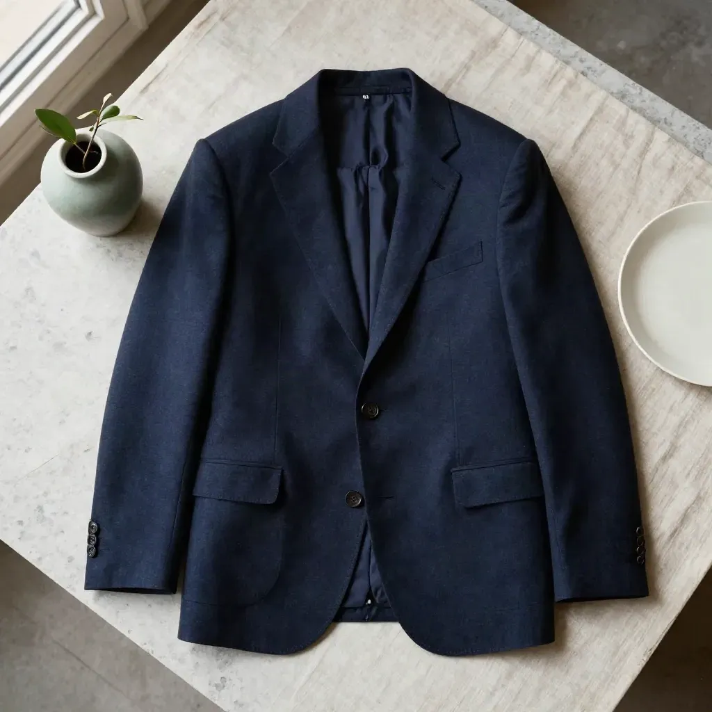 Blazer blu navy piegato con pianta, lino e piattino su travertino chiaro.