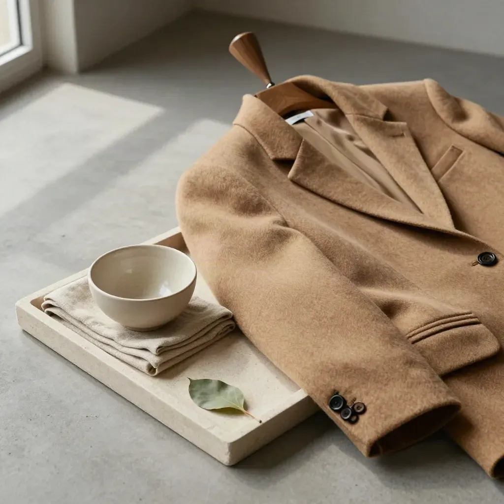 Spalla di blazer cammello su forma sartoriale, con panno, ciotola e foglia verde su vassoio di pietra.
