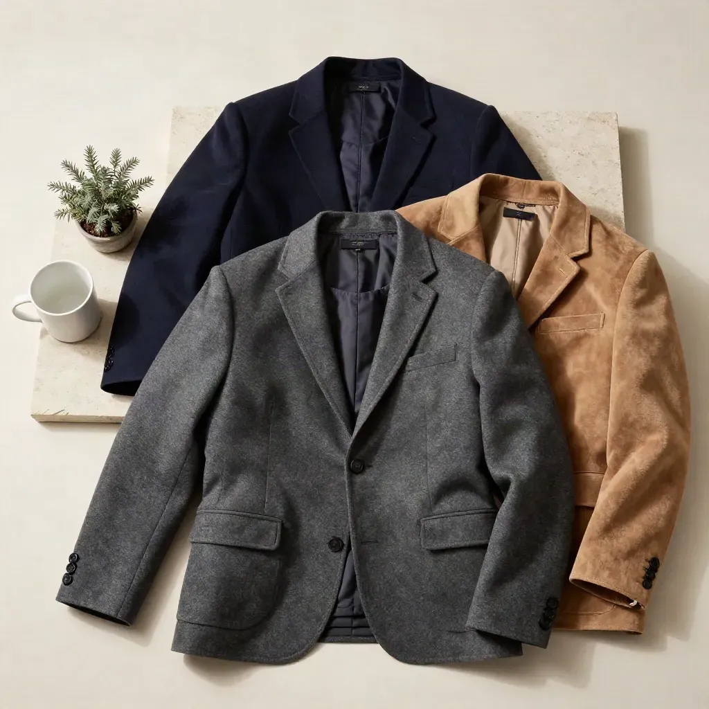Tre giacche sovrapposte con pianta e tazza su fondo chiaro, palette navy, antracite e cammello.